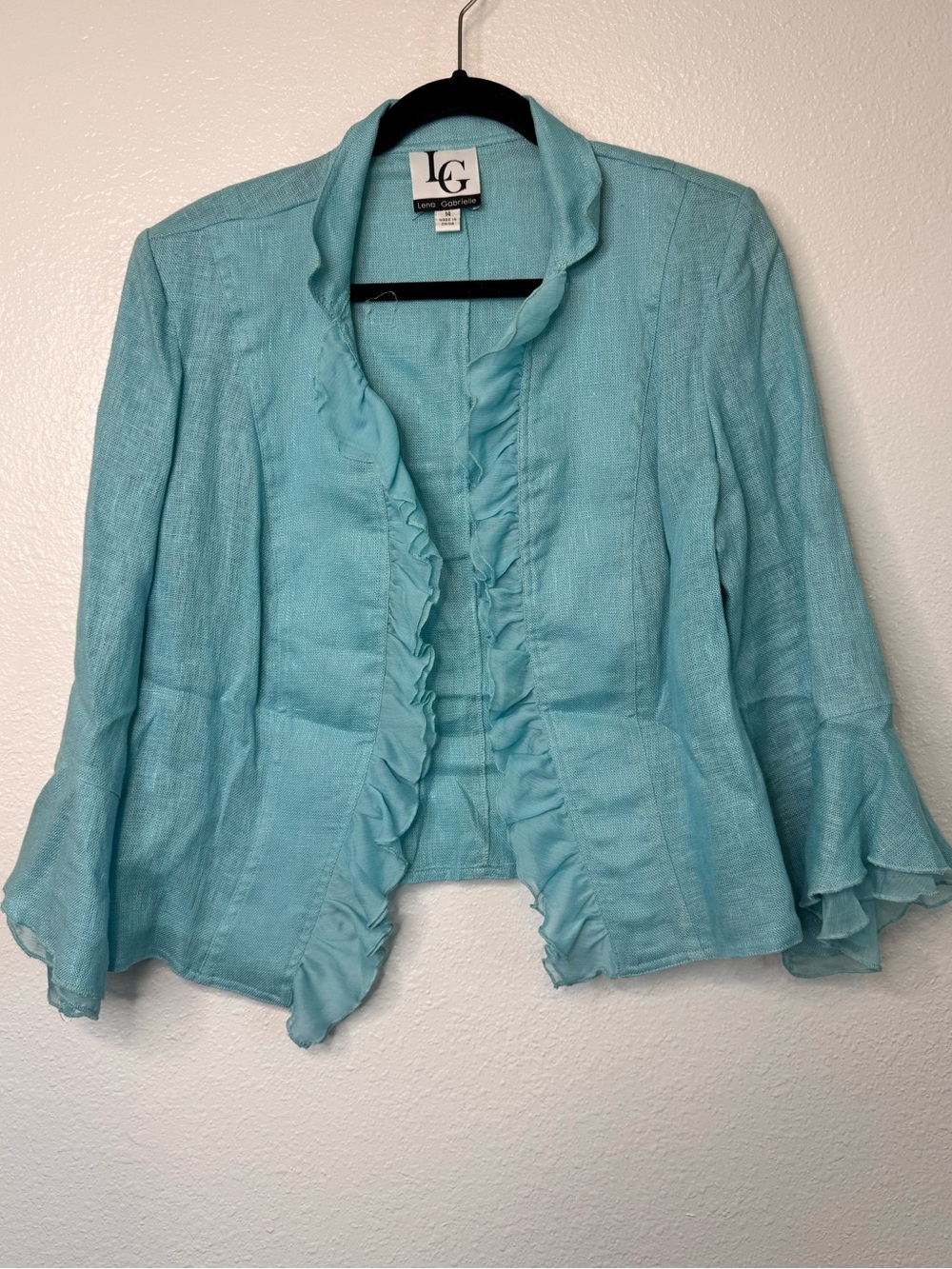 Lena Gabrielle Linen sz 14 Blazer ruffle Sleeves Aqua Color